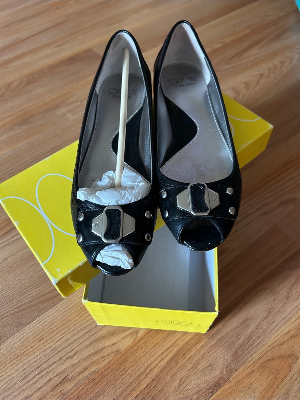 Joan & David Black Leather Peep-Toe Heels with Silver-Tone Buckle